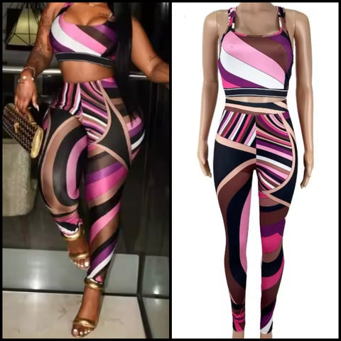 Women Sexy Sleeveless Multicolor Striped Tank Two Piece Pant Set