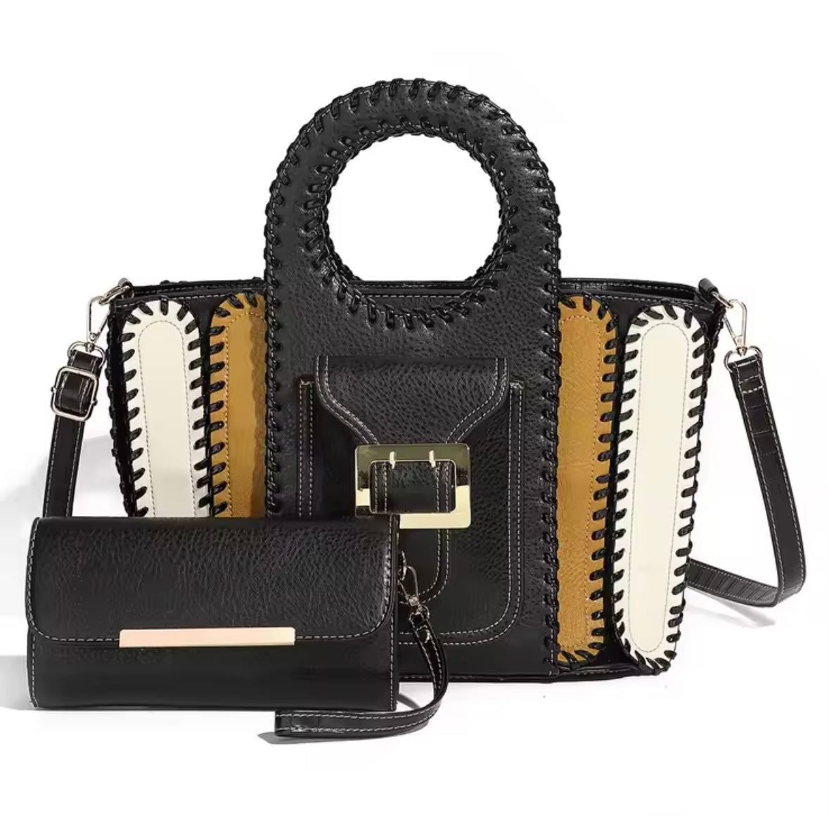 Women Fashion Color Patchwork Buckled Wallet Purse Set