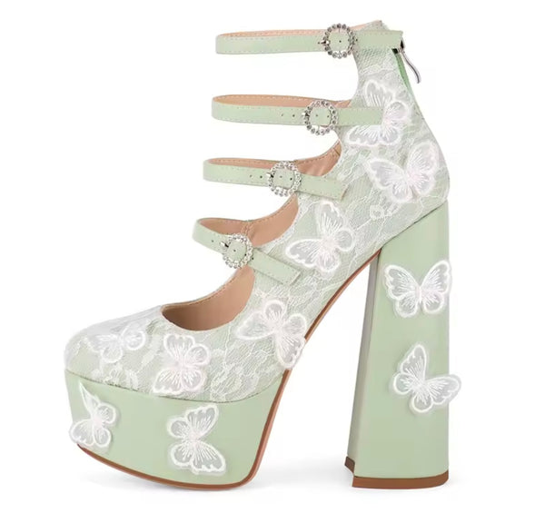 Women Fashion Platform Lace Butterfly Ankle Strap High Heels