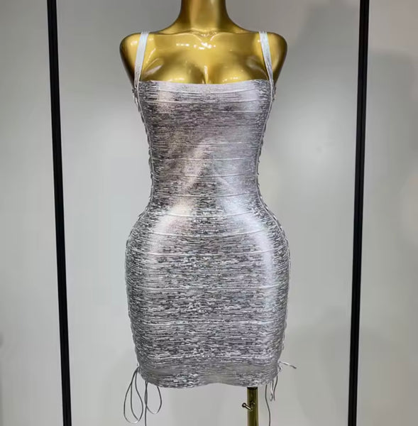 Women Sexy Sleeveless Lace Up Side Metallic Bandage Dress