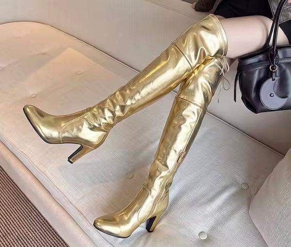 Women Metallic Drawstring Fashion Over The Knee Boots