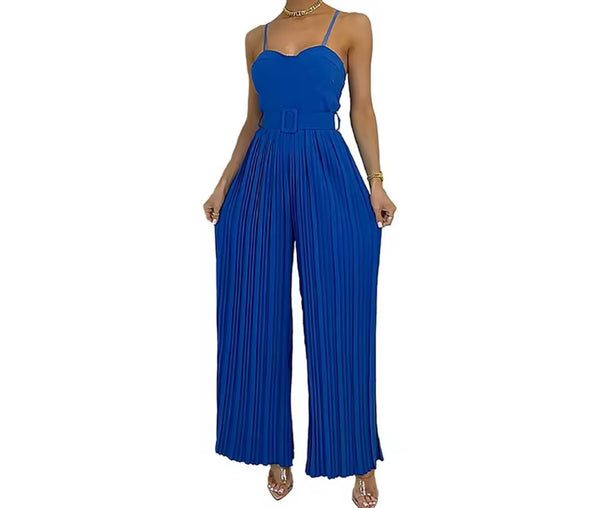 Women Sleeveless Solid Color Fashion Pleated Jumpsuit