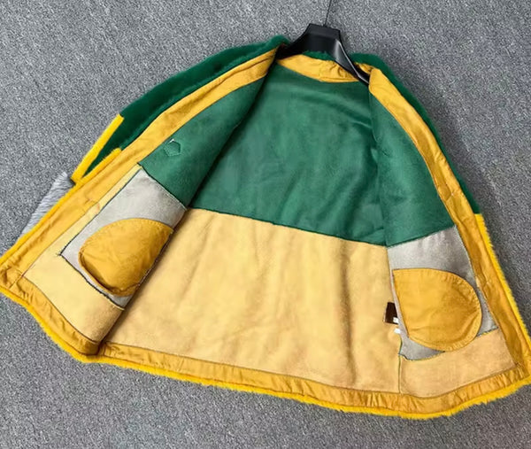 Women Fashion Color Patchwork Faux Fur Jacket