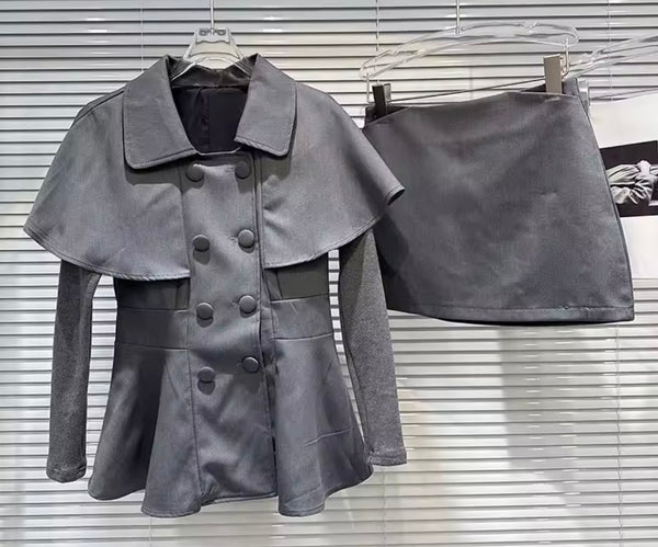 Women Ruffled Button Up Blazer Fashion Two Piece Skirt Set