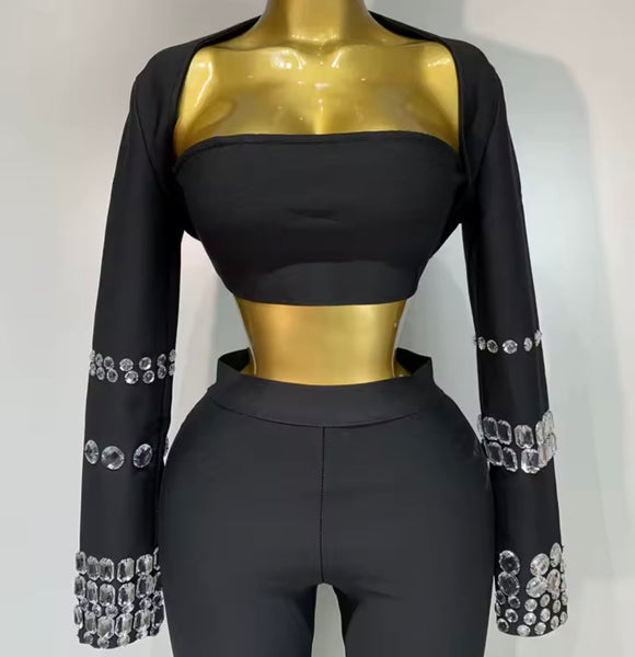 Women Black Crystal Patchwork Three Piece Pant Set