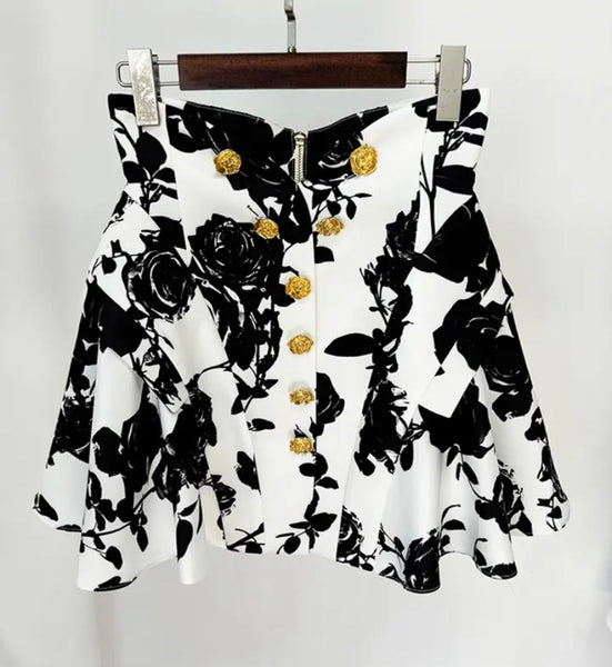 Women Sexy B&W Floral Two Piece Full Sleeve Skirt Set