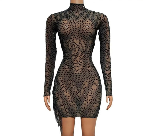 Women Black Sexy Beaded Tassel Full Sleeve Mesh Dress