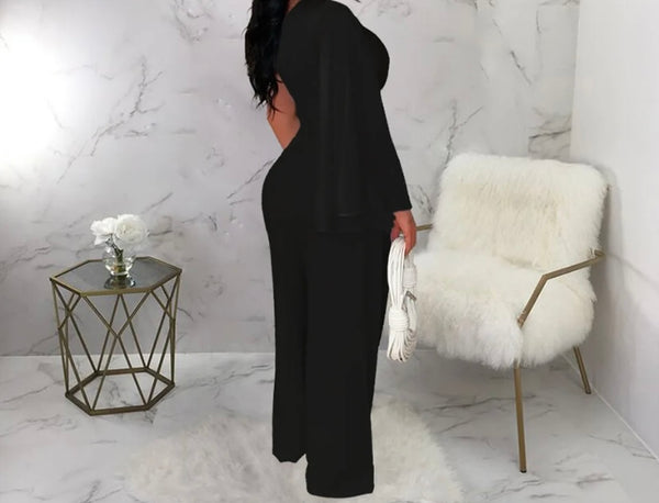 Women One Shoulder Full Sleeve Crop Two Piece Wide Leg Pant Set