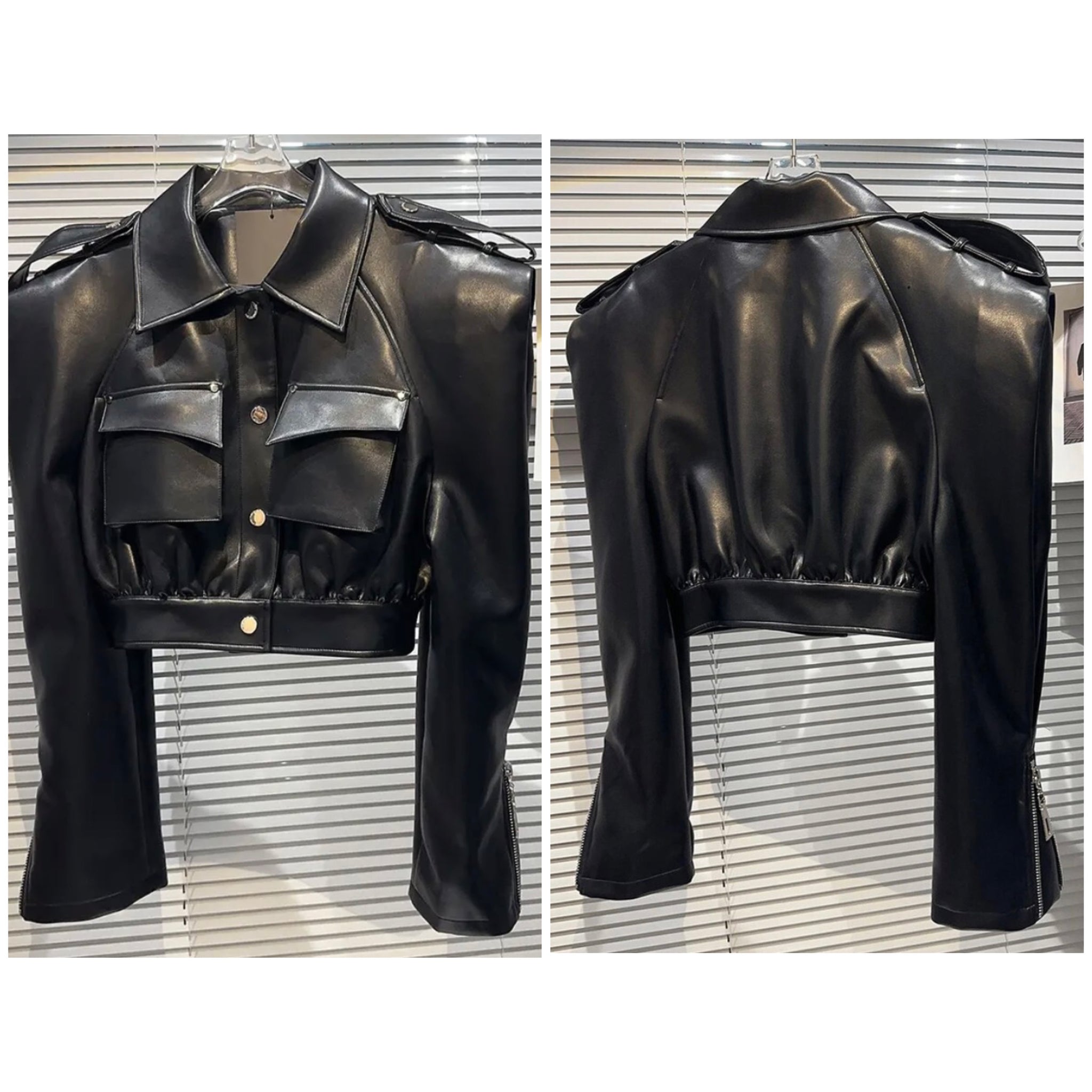 Women Black Pocket Button Up Faux Leather Jacket