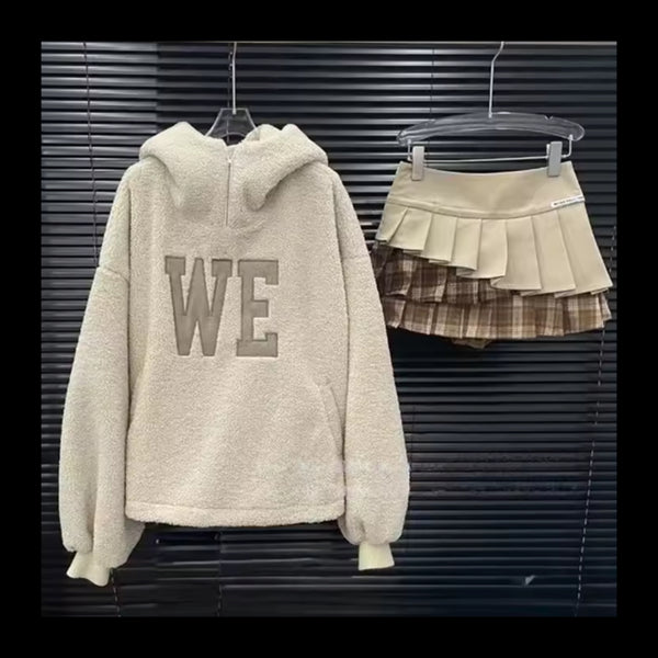 Women Letter Print Hooded Sweater Two Piece Plaid Pleated Skirt Set