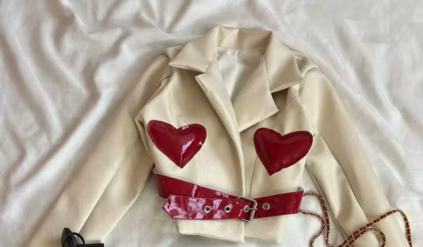 Women Fashion PU Heart Buckled Jacket Two Piece Denim Skirt Set