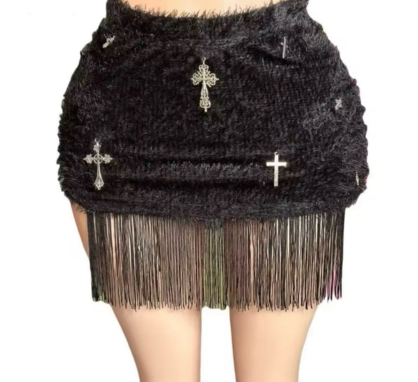 Women Sexy Strapless Cross Chain Lace Fringe Two Piece Skirt Set