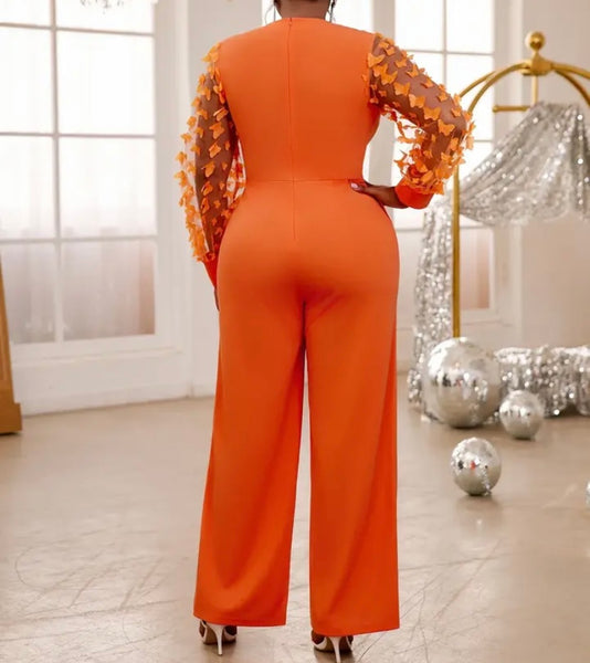 Women Sexy Orange Full Sleeve Belted Wide Leg Jumpsuit