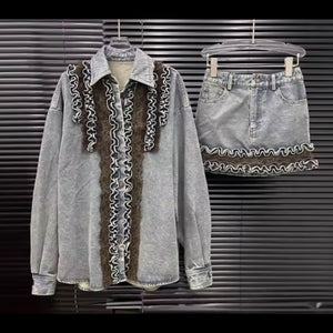 Women Fashion Color Ruffled Full Sleeve Denim Two Piece Skirt Set