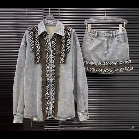 Women Fashion Color Ruffled Full Sleeve Denim Two Piece Skirt Set