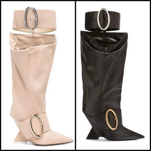 Women Pointed Toe Buckled Platform Wedge Faux Leather Boots
