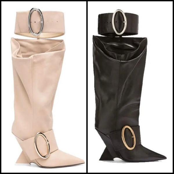 Women Pointed Toe Buckled Platform Wedge Faux Leather Boots