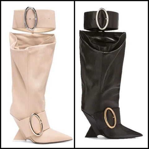 Women Pointed Toe Buckled Platform Wedge Faux Leather Boots