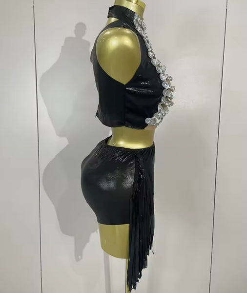 Women Sexy Sleeveless Crystal PU Two Piece Short Set