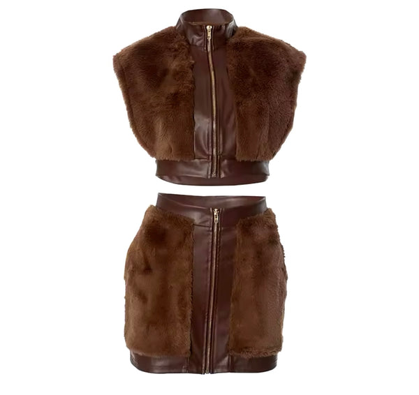 Women Sexy Sleeveless PU Faux Fur Two Piece Skirt Set