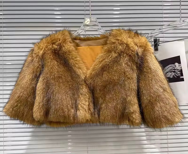 Women Color Fashion Faux Fur Crop Jacket