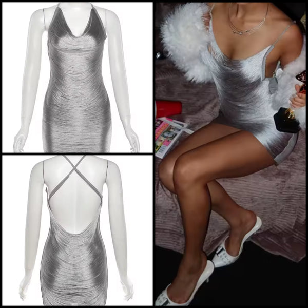 Women Sexy Silver Sleeveless Backless Fringe Dress