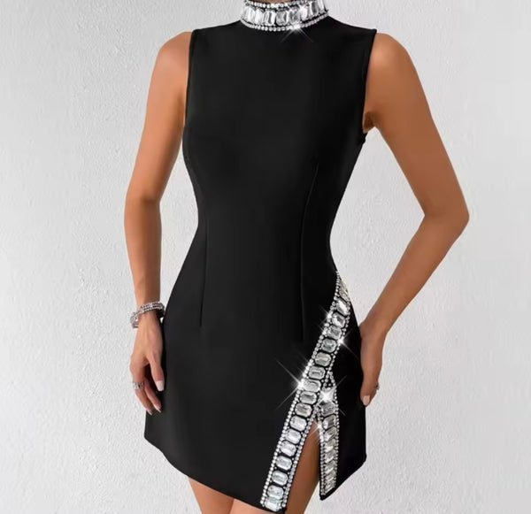 Women Sexy Sleeveless Bling Rhinestone Patchwork Dress