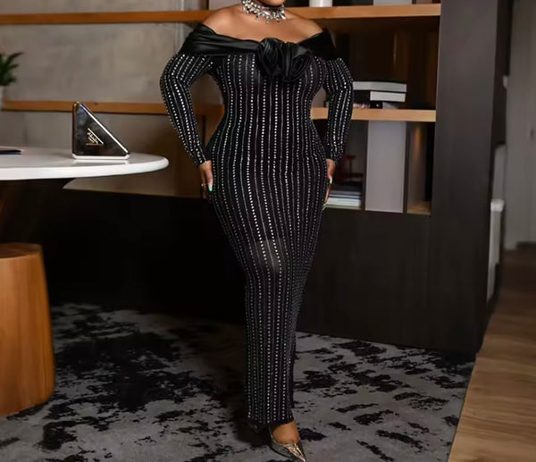 Women Sexy Off The Shoulder Full Sleeve Rhinestone Maxi Dress