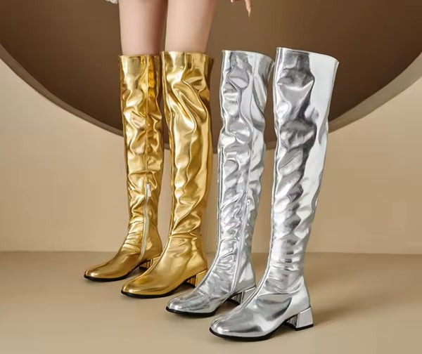Women Color Metallic Fashion Zip Up Flat Knee High Boots