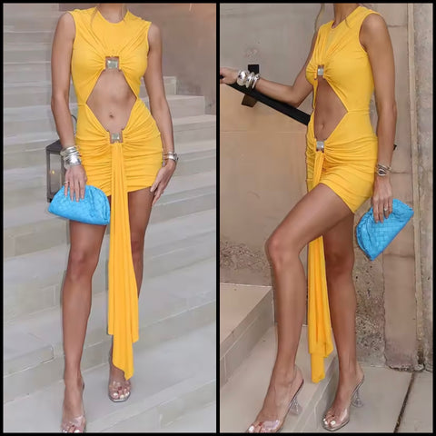 Women Sexy Yellow Sleeveless Cut Out Ruched Tassel Dress