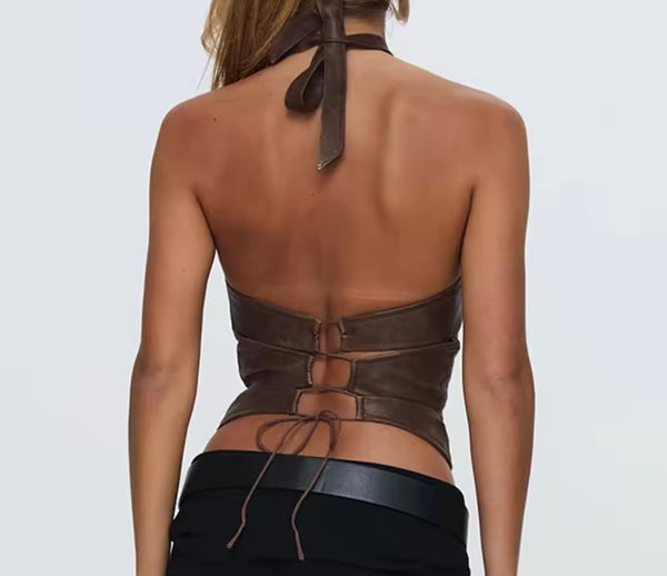 Women Halter Sleeveless Brown Faux Leather Crop Top