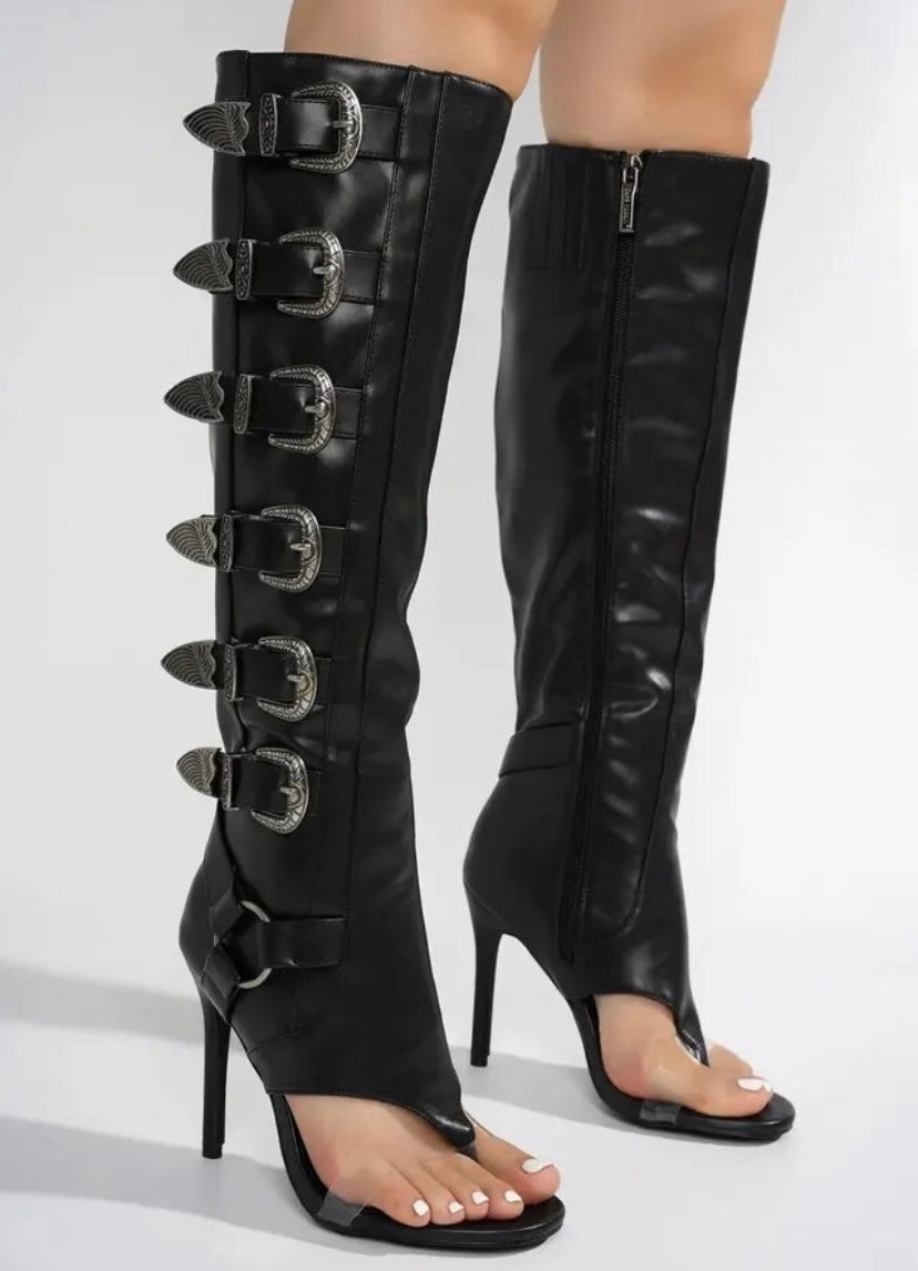 Women Fashion Open Toe Buckled Knee High Boots