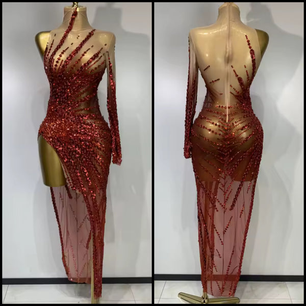 Women Sexy One Shoulder Full Sleeve Sequins Crystal Mesh Dress