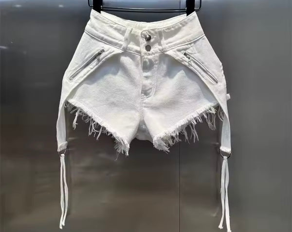 Women Fashion White Zipper Tassel Denim Shorts