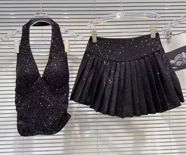 Women Sexy Sequins Halter Sleeveless Two Piece Pleated Skirt Set