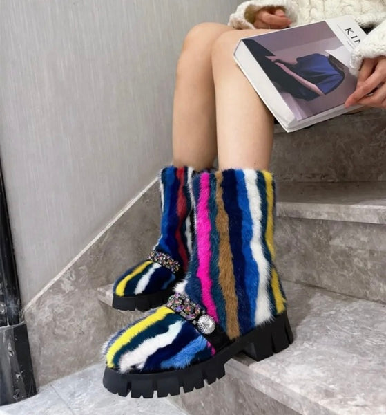 Women Fashion Multicolored Bling Faux Fur Boots