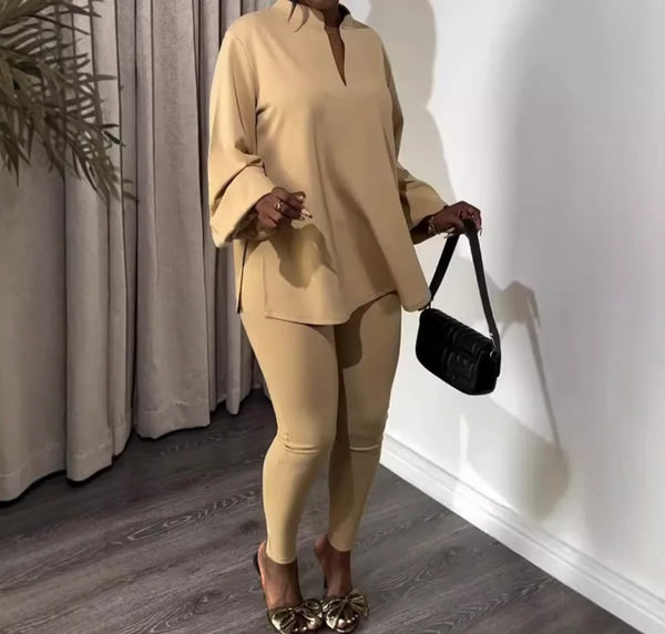 Women Fashion Solid Color Full Sleeve Tunic Top Two Piece Pant Set