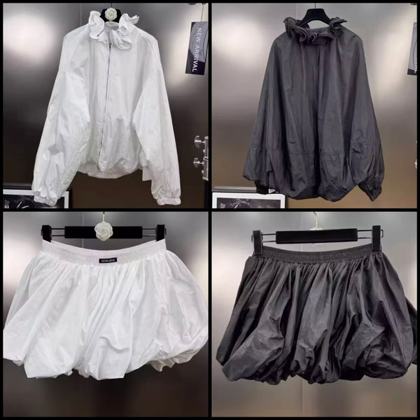 Women Fashion Zip Up Jacket Two Piece Skirt Set