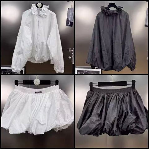 Women Fashion Zip Up Jacket Two Piece Skirt Set