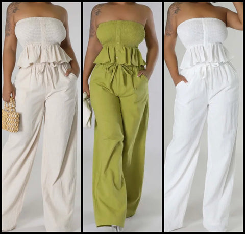 Women Sexy Ruffled Strapless Two Piece Wide Leg Pant Set