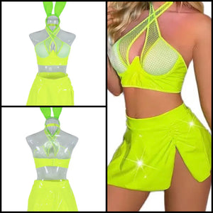 Women Green PU Sexy Three Piece Lingerie Set