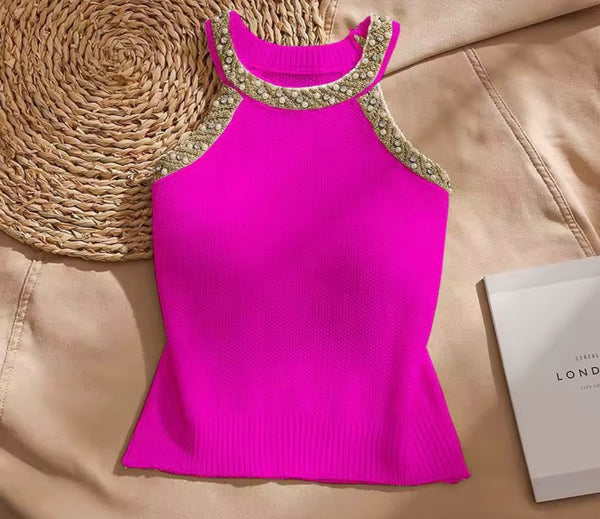 Women Beaded Bling Sleeveless Fashion Top