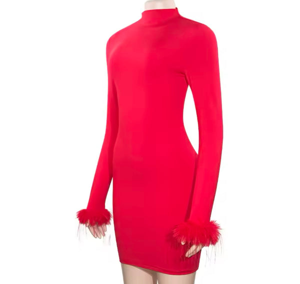 Women Sexy Solid Color Feather Full Sleeve Dress