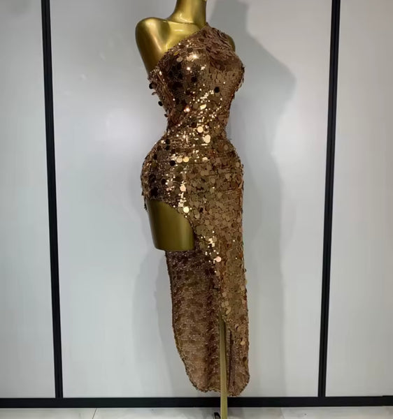 Women Sexy One Shoulder Gold Sequins Asymmetrical Dress