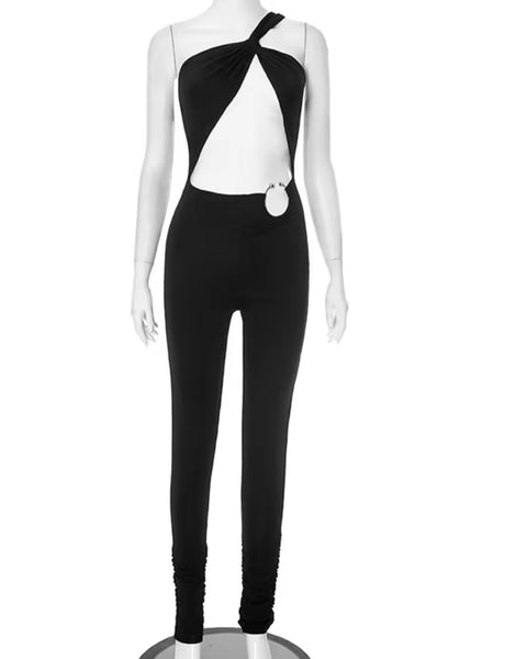 Women Sexy Black Strapless Metal Cut Out Jumpsuit