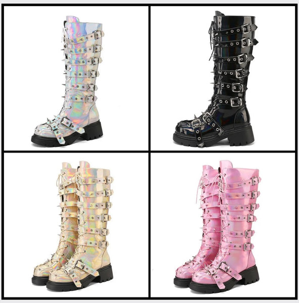 Women Fashion Platform Buckled Lace Up Knee High Boots