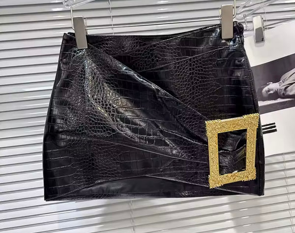 Women Black PU Leather Jacket Two Piece Gold Buckled Skirt Set