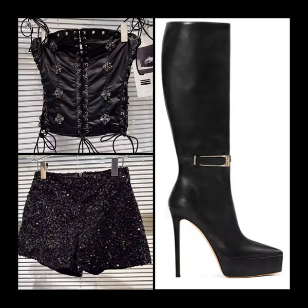 Women Pointed Toe Platform Buckled Knee Length High Heel Boots