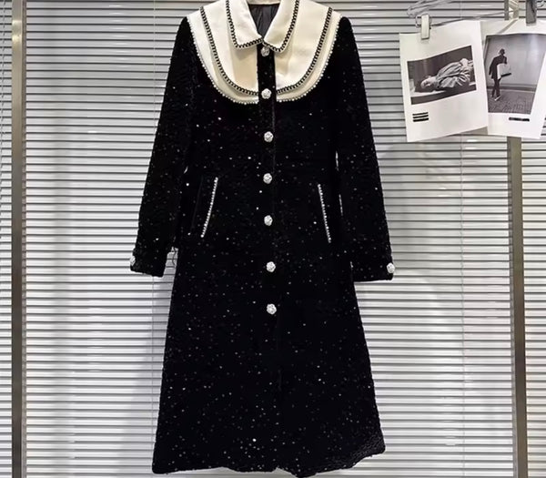 Women Fashion B&W Sequence Pearl Button Up Trench Jacket