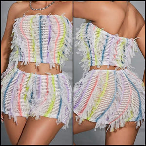 Women Sexy Strapless White Colorful Striped Fringe Two Piece Short Set